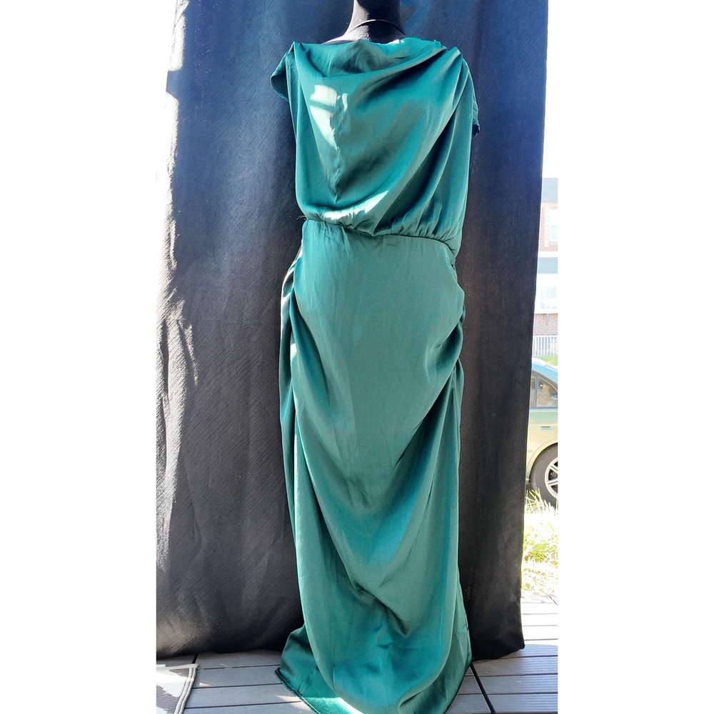 Emerald Green Satin Draped Cowl Back Maxi Dress Sleeveless Blouson Waist Gown